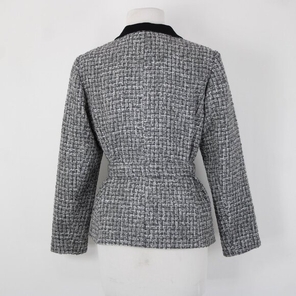 White House Black Market Sz 10P Gray Black Tweed Belted Acrylic Poly Jacket - Picture 12 of 16